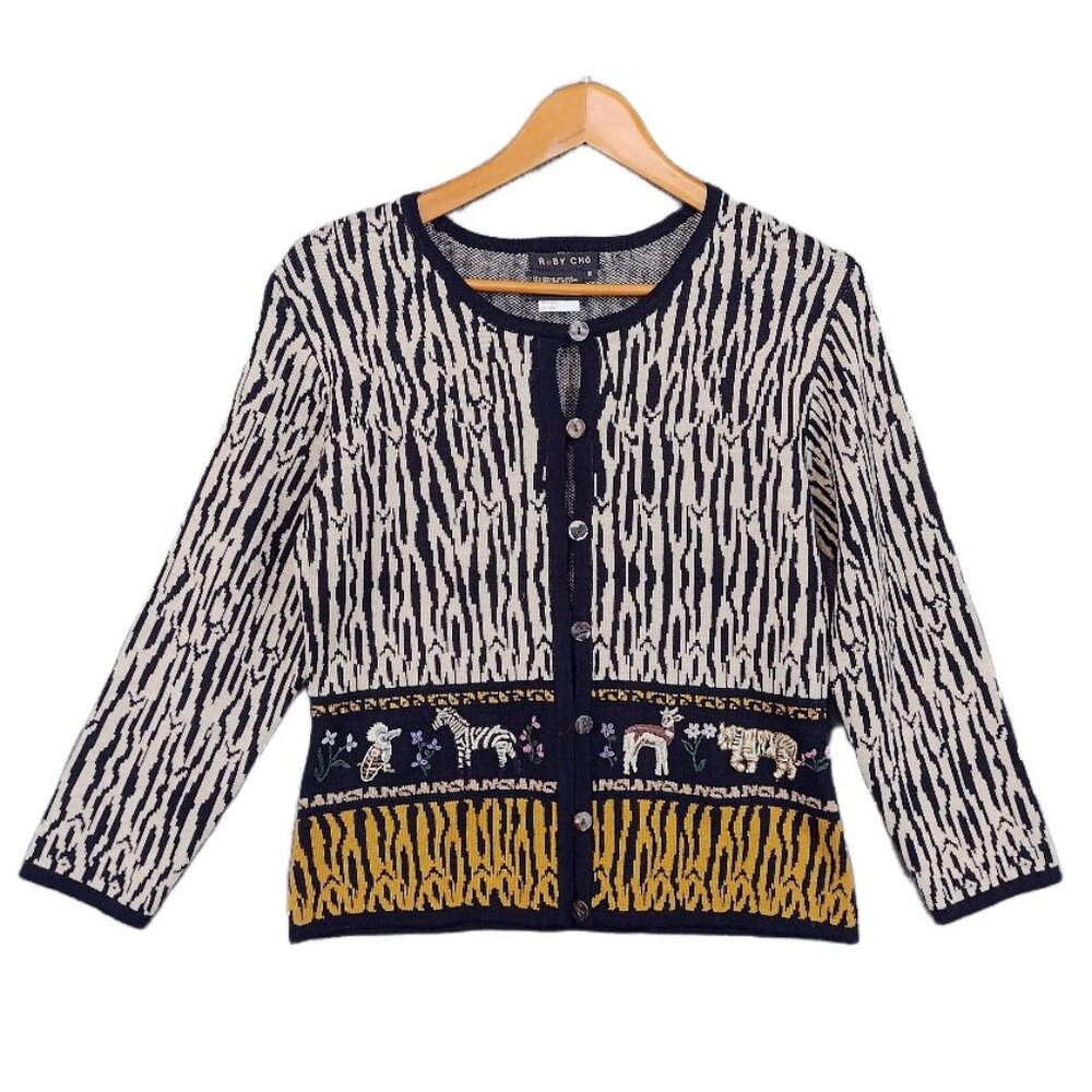 VTG Ruby Cho Cardigan Sweater Animal Print Embroidered Long Sleeve Wool Blend S